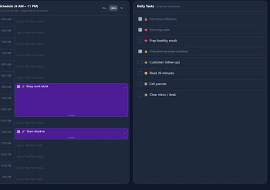 Daily Calendar schedule and tasks on a narrow phone-width viewport