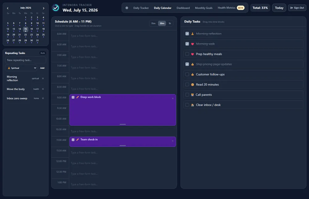 Intenora dark-mode daily calendar with time blocks