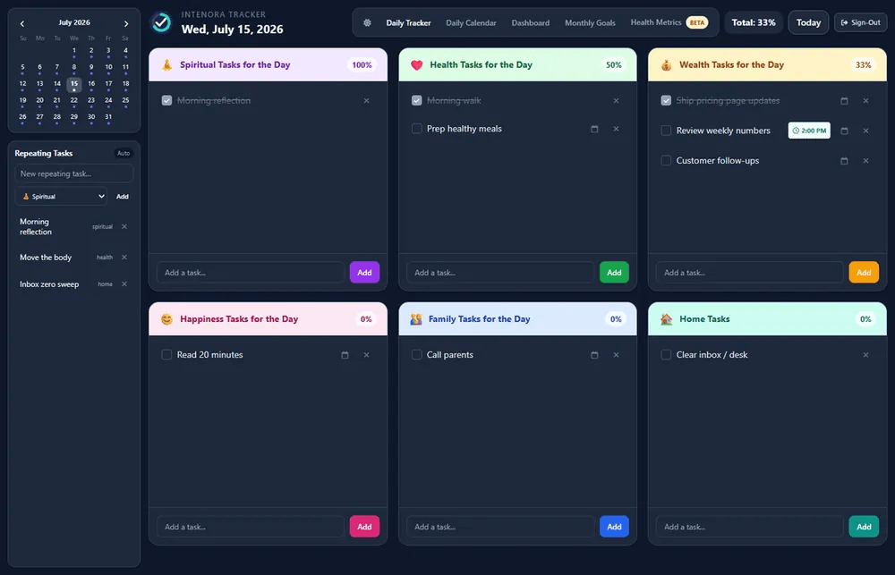Intenora dark-mode recurring tasks sidebar